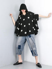 Polka-Dot Lapel Batwing Sleeve Blouse