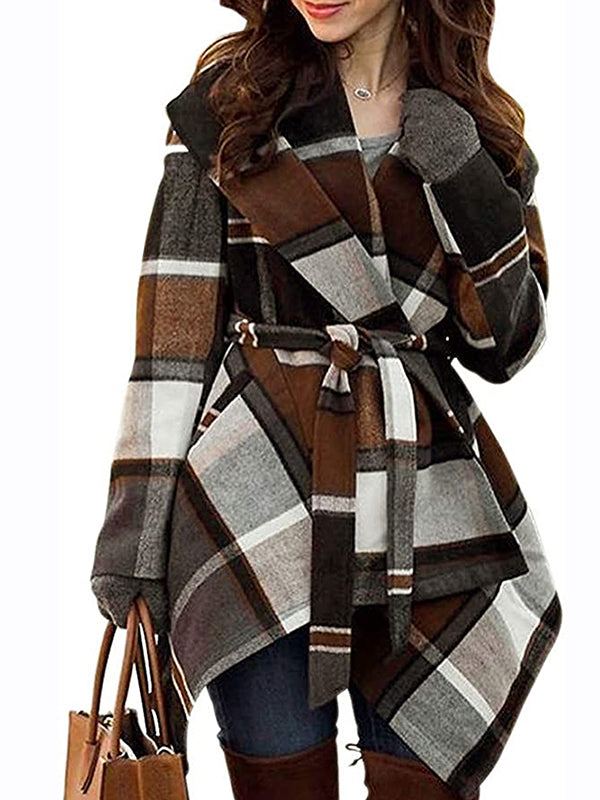 Lace-Up Check Color-Block Woolen Coat