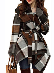 Lace-Up Check Color-Block Woolen Coat