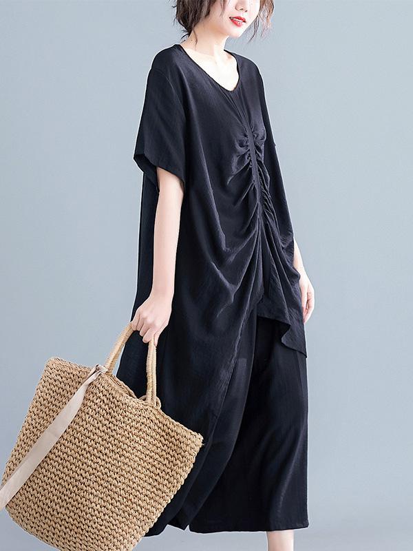 Two-Pieces Solid Pleated Cropped T-Shirt And Wide Leg Pants Suits