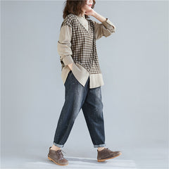 Women Plaid Stitching Casual Lapel Shirt