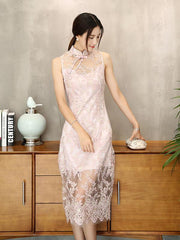 Pink Lace Embroidered Long Cheongsam