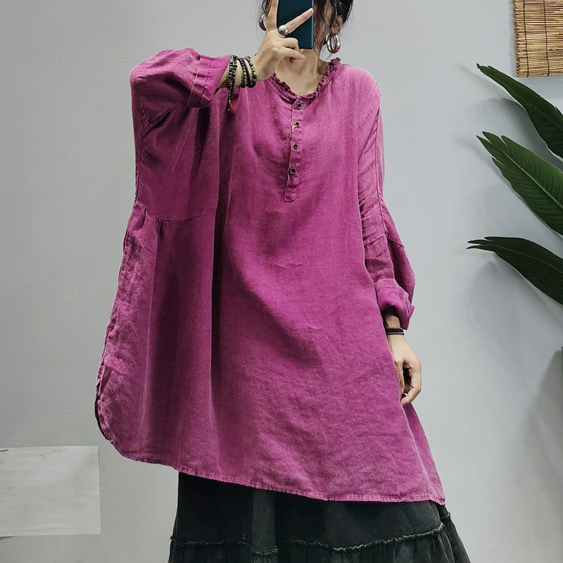 Retro Solid Color Washed Older Long Sleeve Midi Dress