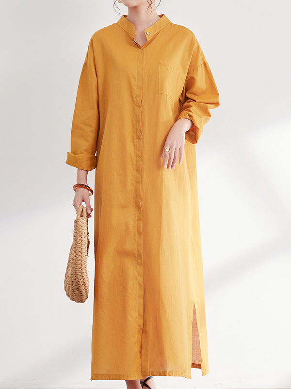 Loose Solid Stand Collar Long Sleeves Maxi Dress