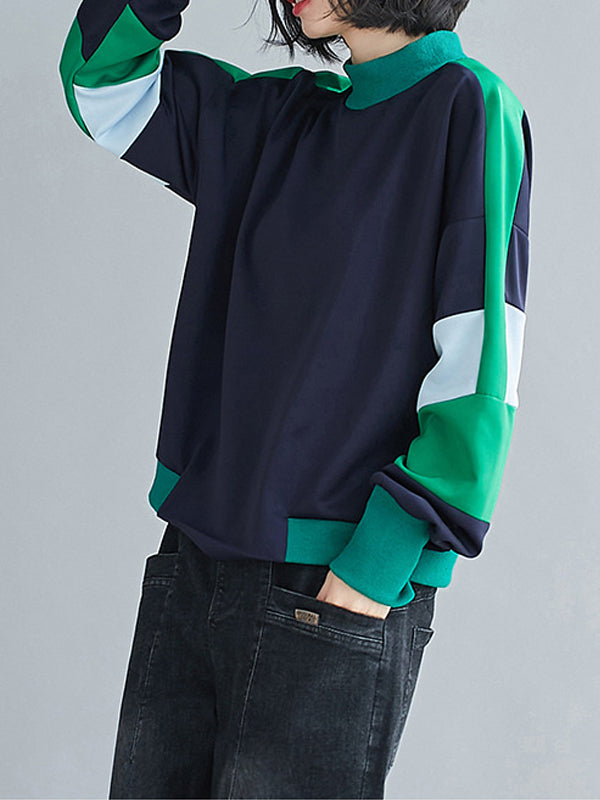 Women High Collar Contrast Stitching Pullover Long Sleeve Sweatshirt