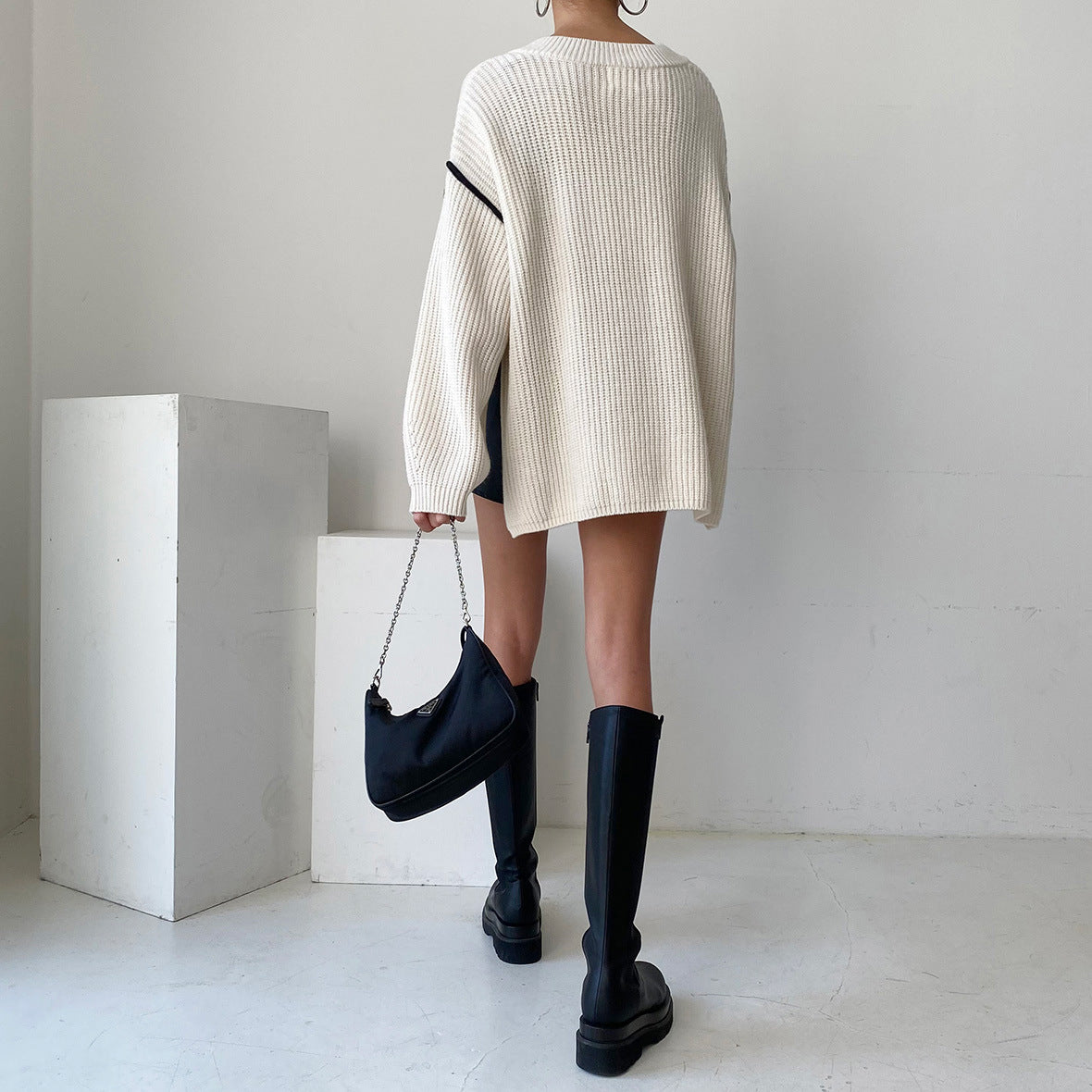 Spliced Side Slit Knit Sweater