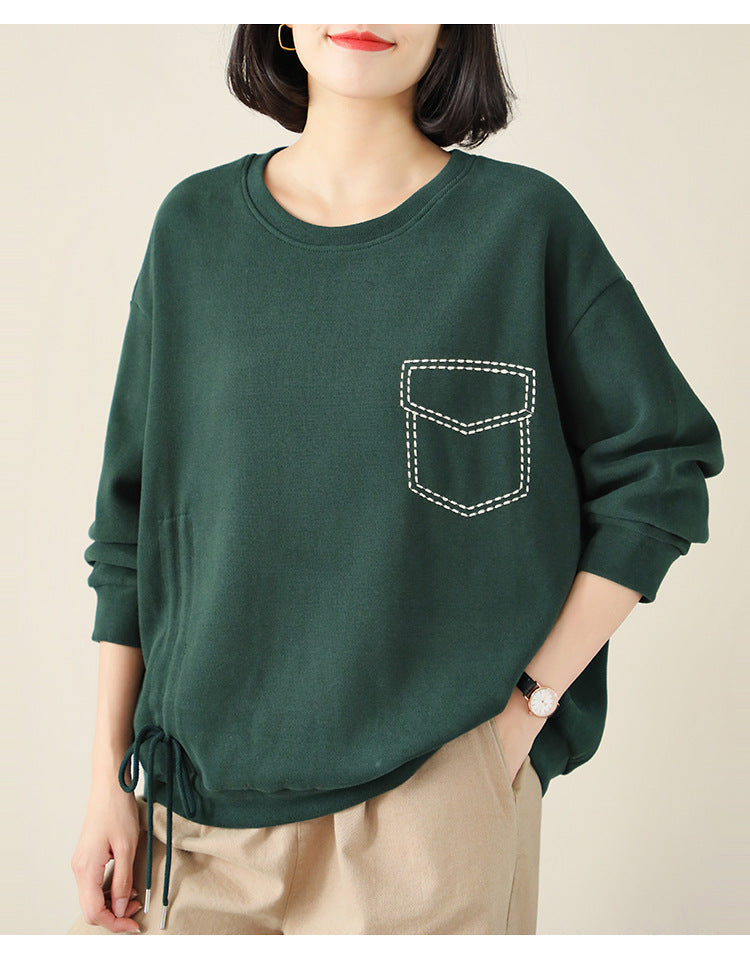 Loose Solid Color Drawstring Sweatshirt