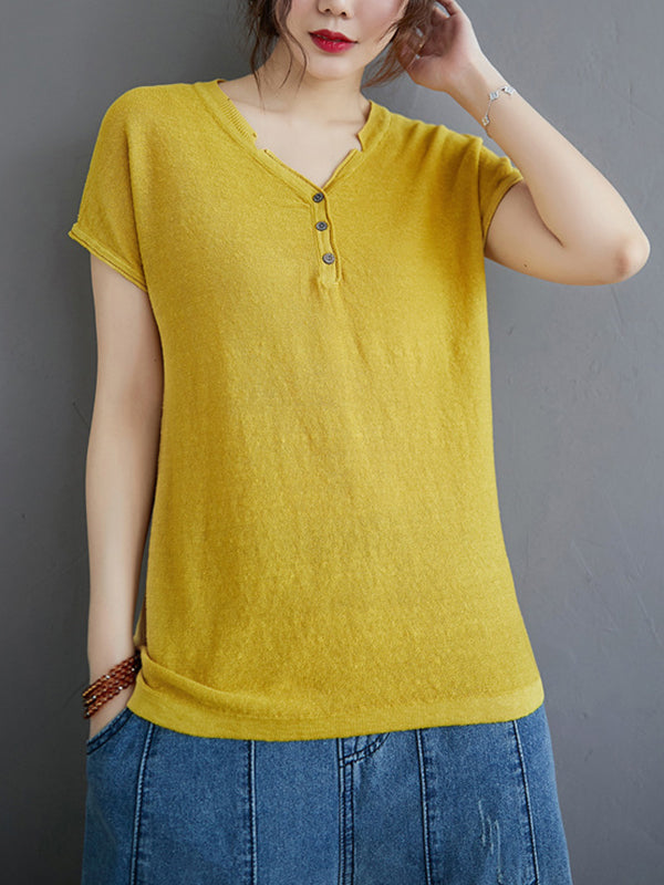 Women Solid Color V-Neck Buttoned Loose Short Sleeve T-Shirt