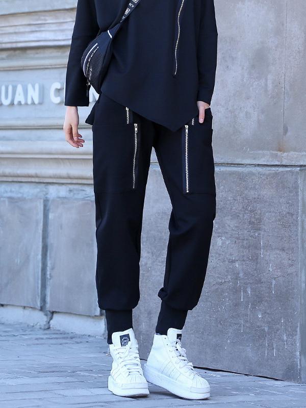 Loose Solid Pocket Zipper Overall Pants