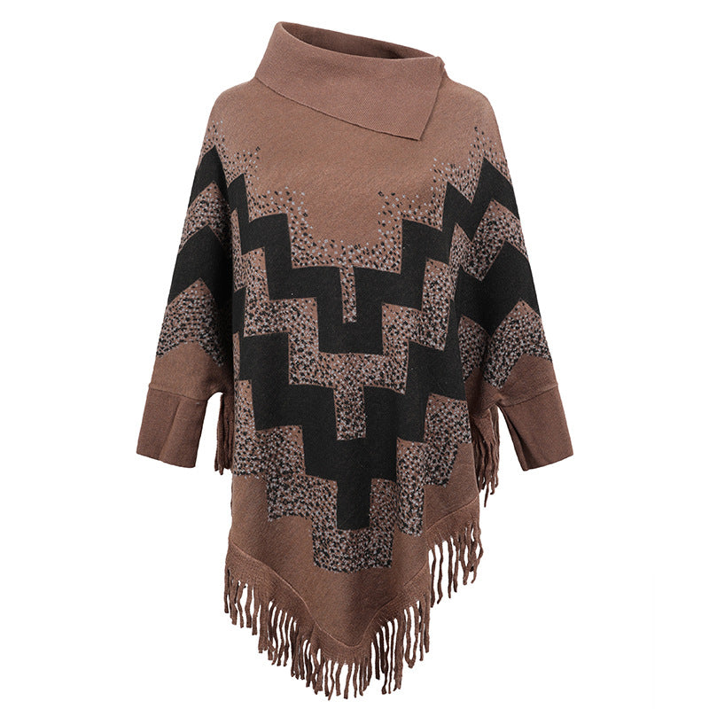 Loose Tassel Abstract Printed Knitted Shawl Sweater