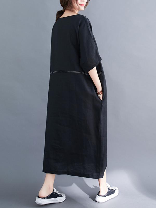 Loose Split-Joint Round-Neck Long Dress