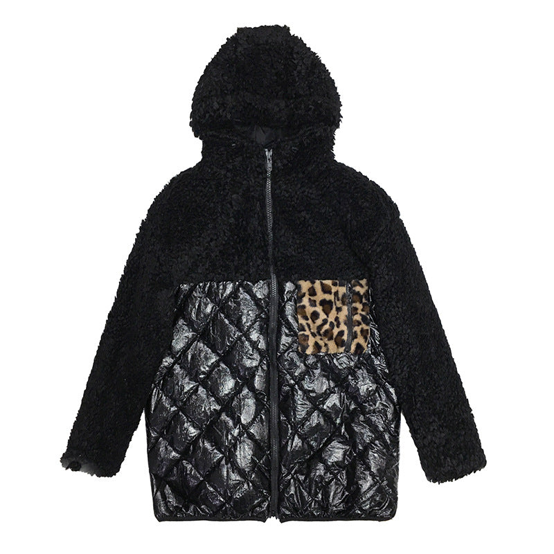 Women Leopard Print Pocket Color Block Coat