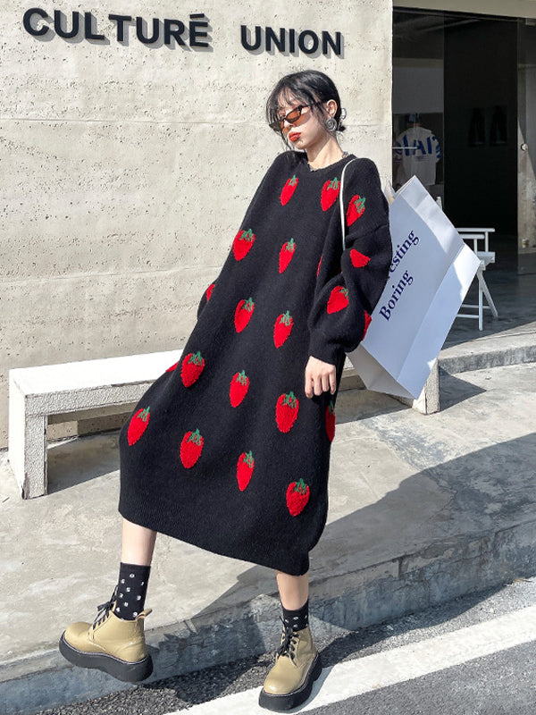 Loose Strawberry Jacquard Knit Midi Dress