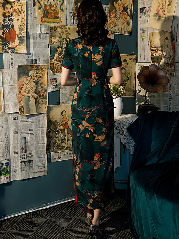 Standing Neckline High Slit Vintage Print Slouchy Cheongsam Maxi Dress