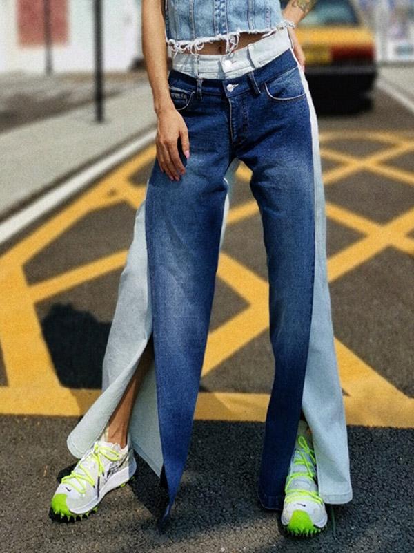 Contrast Color Split-Front Wide-Leg Jean Pants