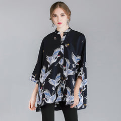 Crane Print Loose Oversized Shirt