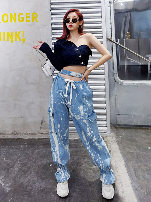 High Waist Hollow Denim Casual Pants