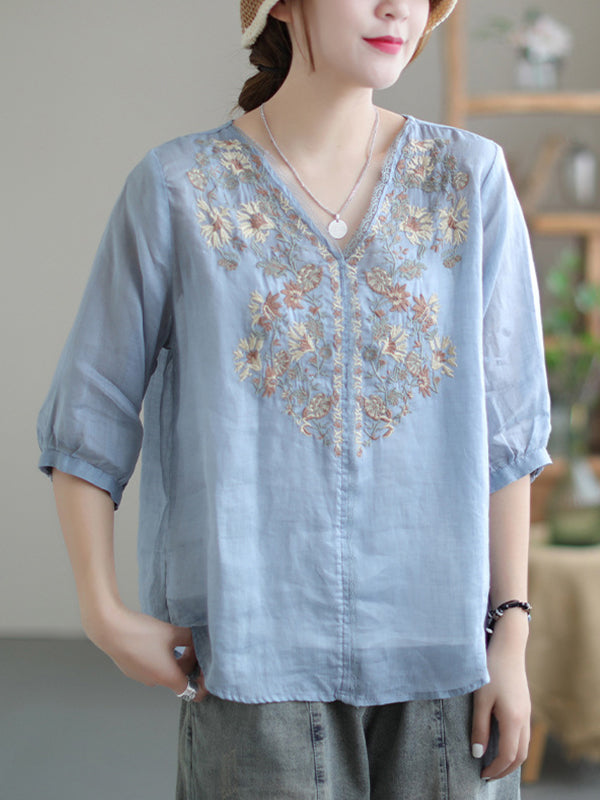 Vintage Embroidery V Neck Short Sleeve Thin T-Shirt