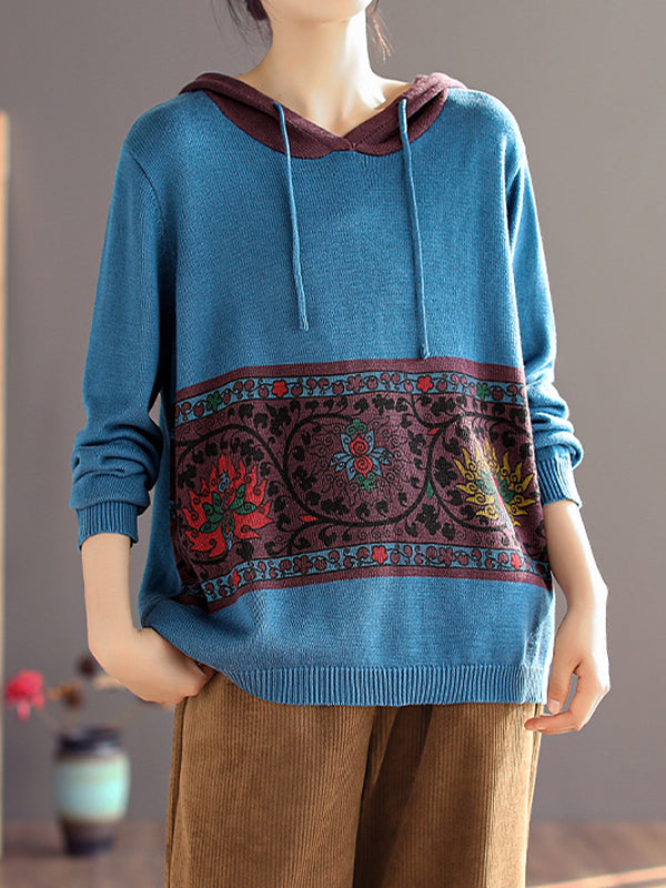 Color Block Print Hooded Sweater