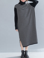 High-Neck Striped  Casual Midi Dress