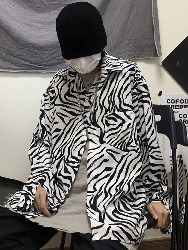 Stylish Zebra Stamped Long Sleeve Laple Blouse