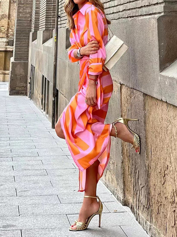 High Waisted Long Sleeves Asymmetric Knot Printed Striped Lapel Maxi Dresses