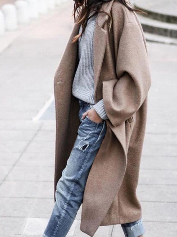 Casual Solid Color Lapel Midi Outwear