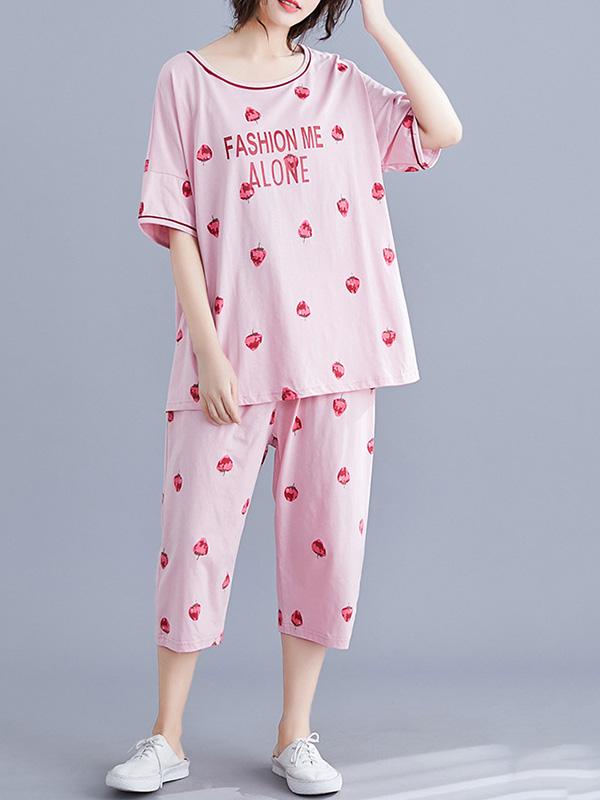 Loose Short Sleeve Printed Loungewear&Pajamas Set