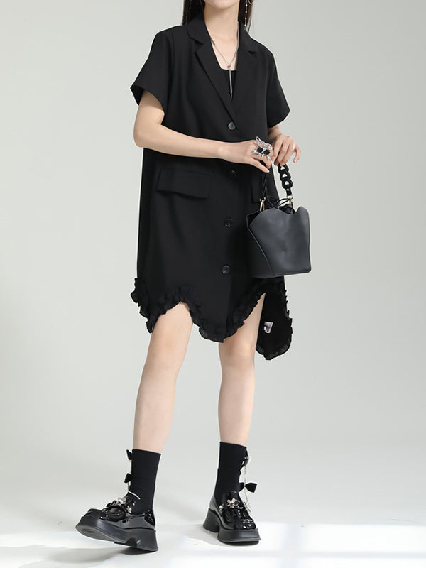 Irregular Clipping Short Sleeves Pure Color Notched Collar Mini Dresses