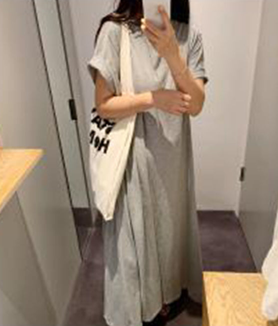 Short Sleeves Round Neck Solid Maxi Dress