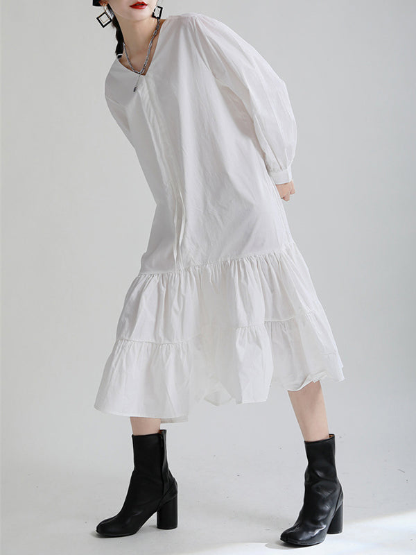 String Pleated Ruffle Long Sleeve Dress