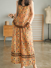Retro Floral Printed Sleeveless Wide Leg Suit