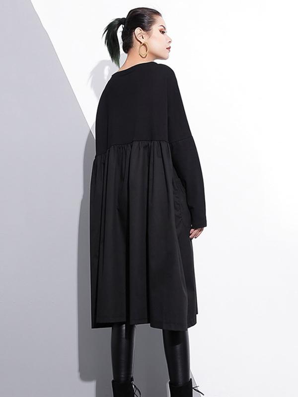 Loose Black Split-joint Long Sleeves Dress