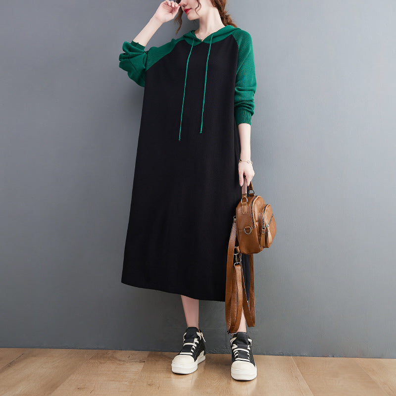 Retro Loose Color-Block Hooded Midi Dress