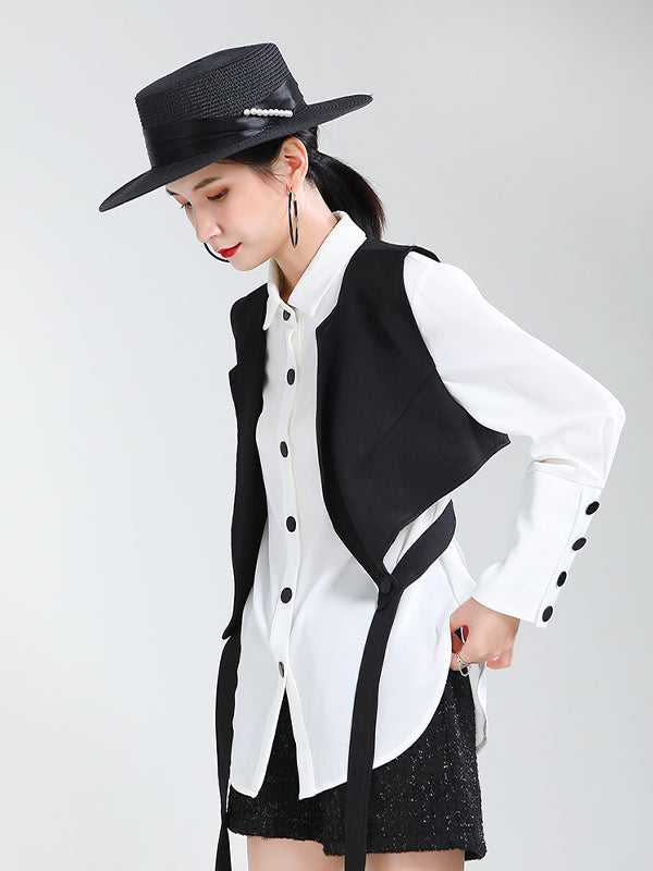 Women Contrasting Color Shirt Vest Two-Piece Set