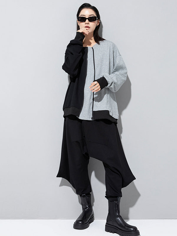 Casual Roomy Long Sleeves Contrast Color Split-Joint Zipper Round-Neck Sweatshirt Tops
