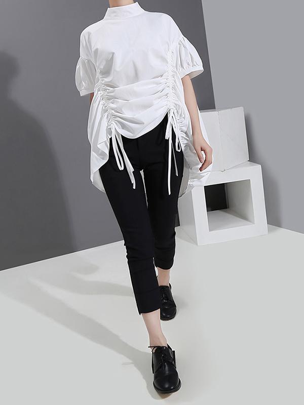 Loose Drawstring Lace-Up Short Sleeve Stand Collar Shirt