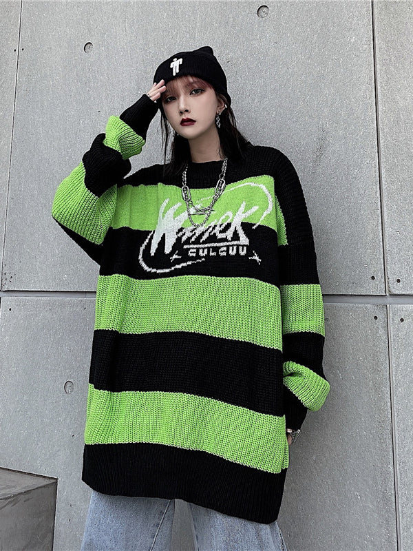 Women Retro Striped Contrast Color Pullover Loose Sweater