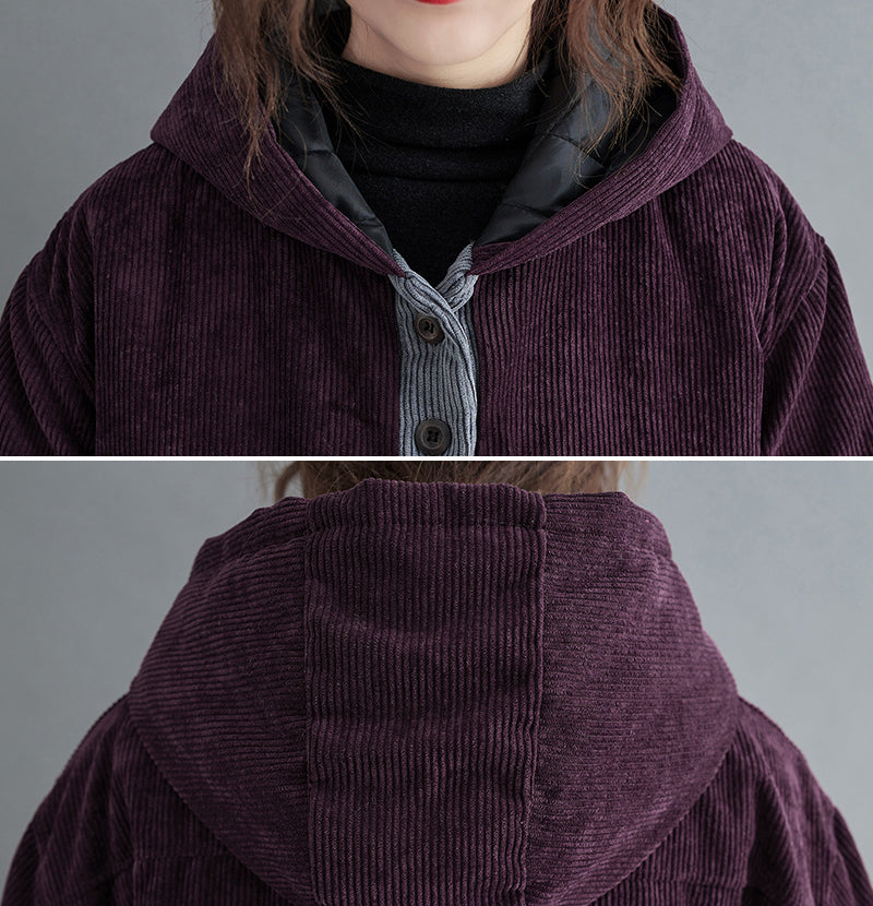 Loose Corduroy Large Pockets Thick Hooded Mid-Length Cotton Coat