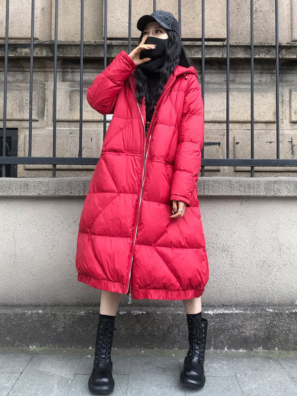 Large Size Loose Mid-Length Thick Hooded Down Coat