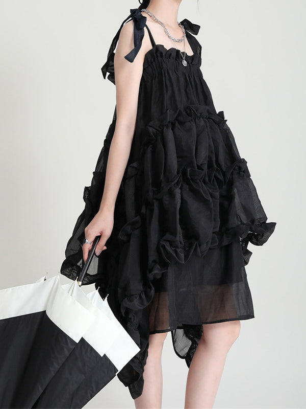 Straps Irregular Mesh Lace Pleated Dress