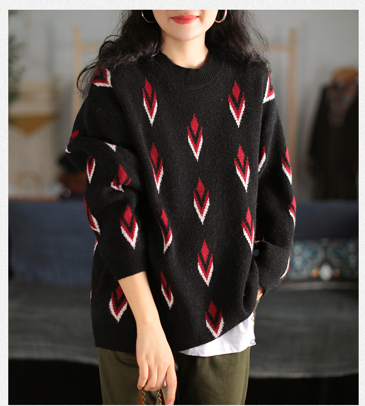 Round-Neck Printed Long Sleeves Sweater