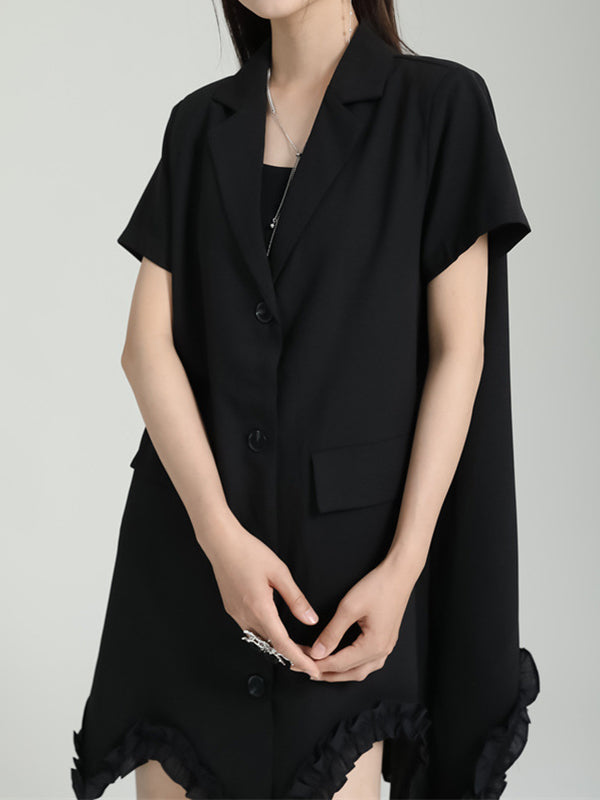 Irregular Clipping Short Sleeves Pure Color Notched Collar Mini Dresses