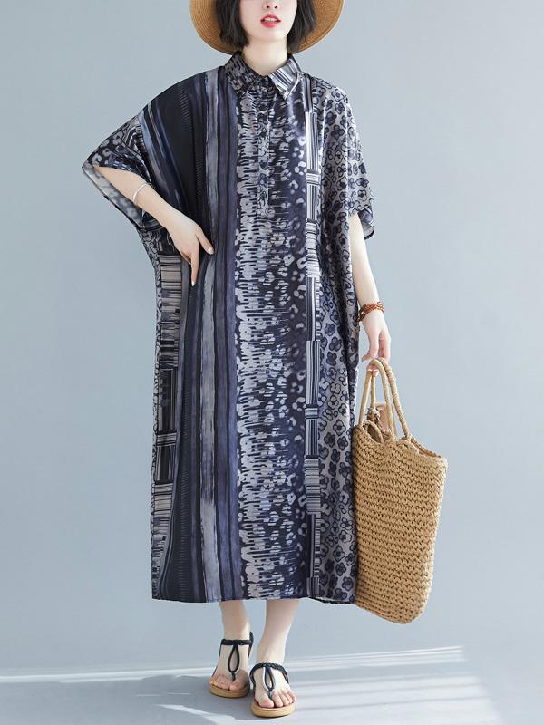Vintage Loose Splicing Print Lapel Dress