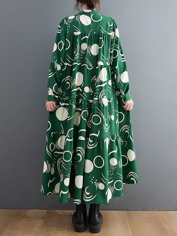 Vintage Print Long Sleeve Midi Dress