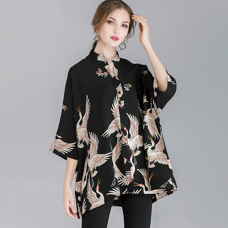 Crane Print Loose Oversized Shirt