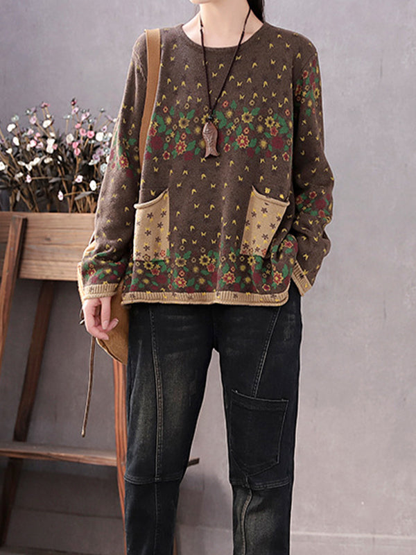 Retro Casual Crew Neck Printed Sweater