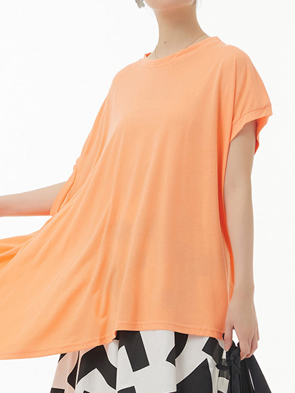 Irregular Clipping Short Sleeves Pure Color Round-Neck T-Shirts Tops