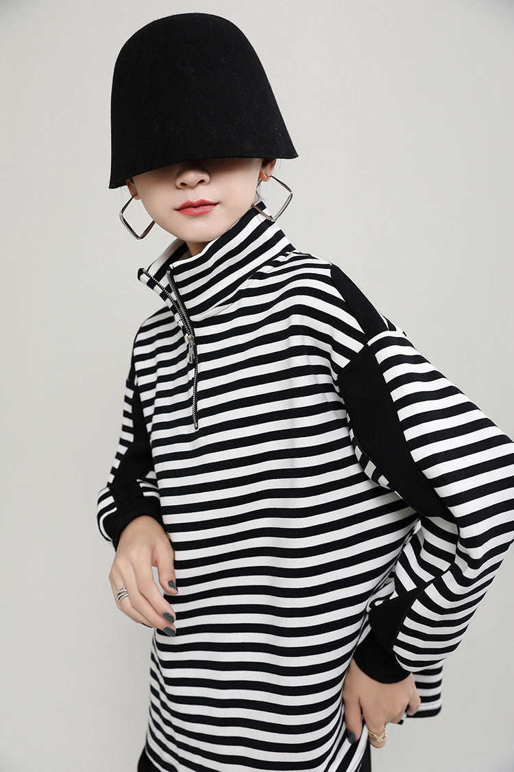 Women Loose Striped Zipper Sweatshirt