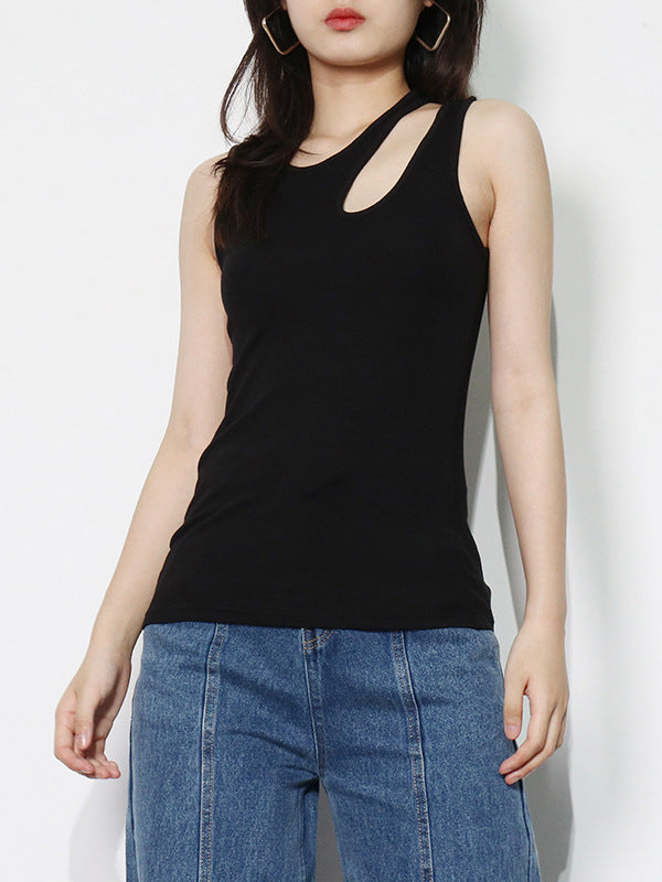 Casual Sleeveless Skinny Hollow Pure Color Round-Neck Vest Top